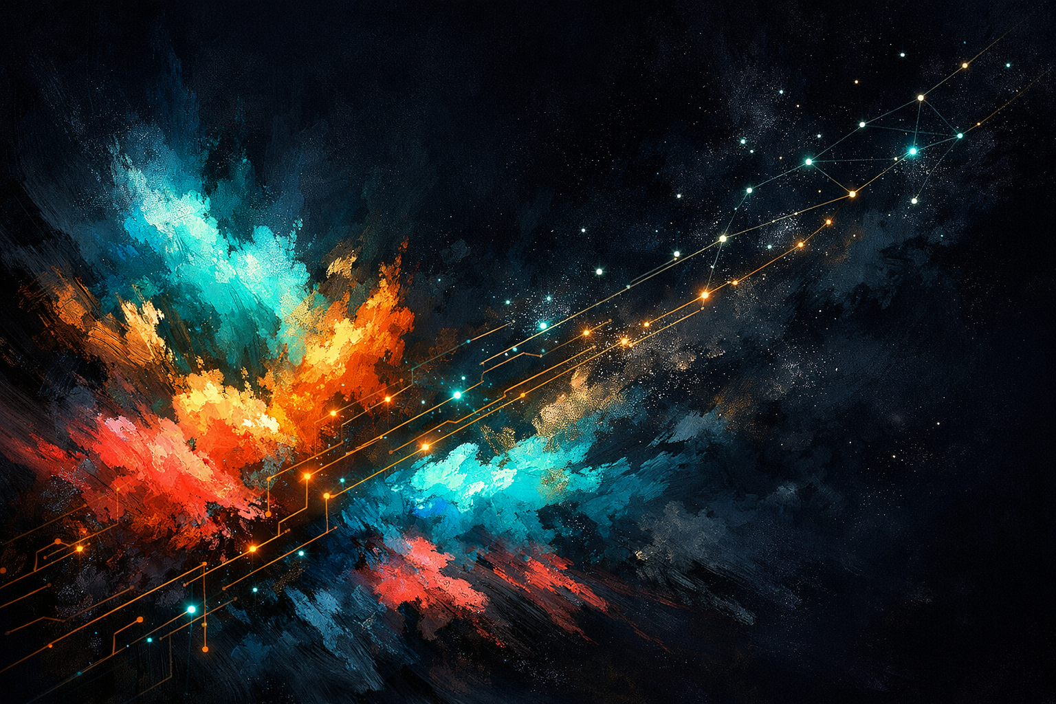 Abstract painterly digital art with teal, gold, and coral impasto brushstrokes on deep navy canvas